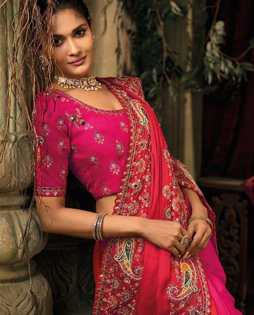 PINK - Pink Red Designer Embroidered Silk Saree with Heavy Border